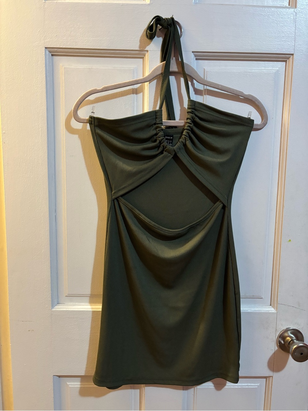 SHEIN Olive Green Halter Mini Dress with Front Cutout